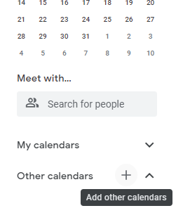 The plus button next to Other calendars in Google Calendar, with the Add other calendars tooltip