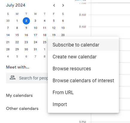The menu that opens from the plus button, with Subscribe to calendar and Browse resources options