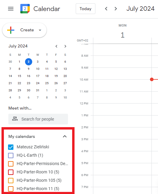 Google Calendar with the My calendars section highlighted, listing the account and several room calendars