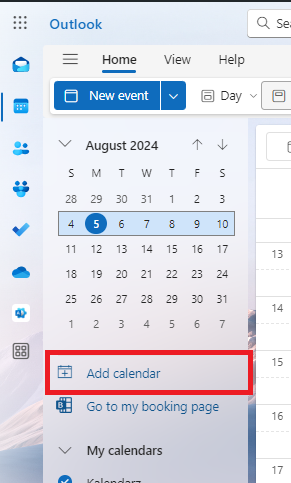 Outlook's calendar sidebar with the Add calendar button highlighted
