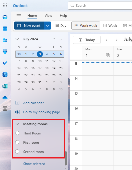 Outlook's calendar sidebar with a Meeting rooms section highlighted, listing several room calendars